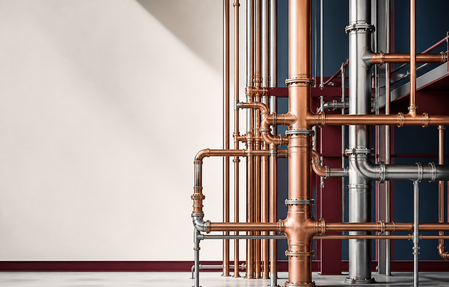 Concept illustration of organized commercial copper and steel plumbing risers
